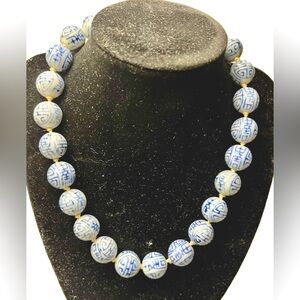 Chinese Vintage Blue and White Hand Painted Ceramic Bead Necklace w/Silver Clasp